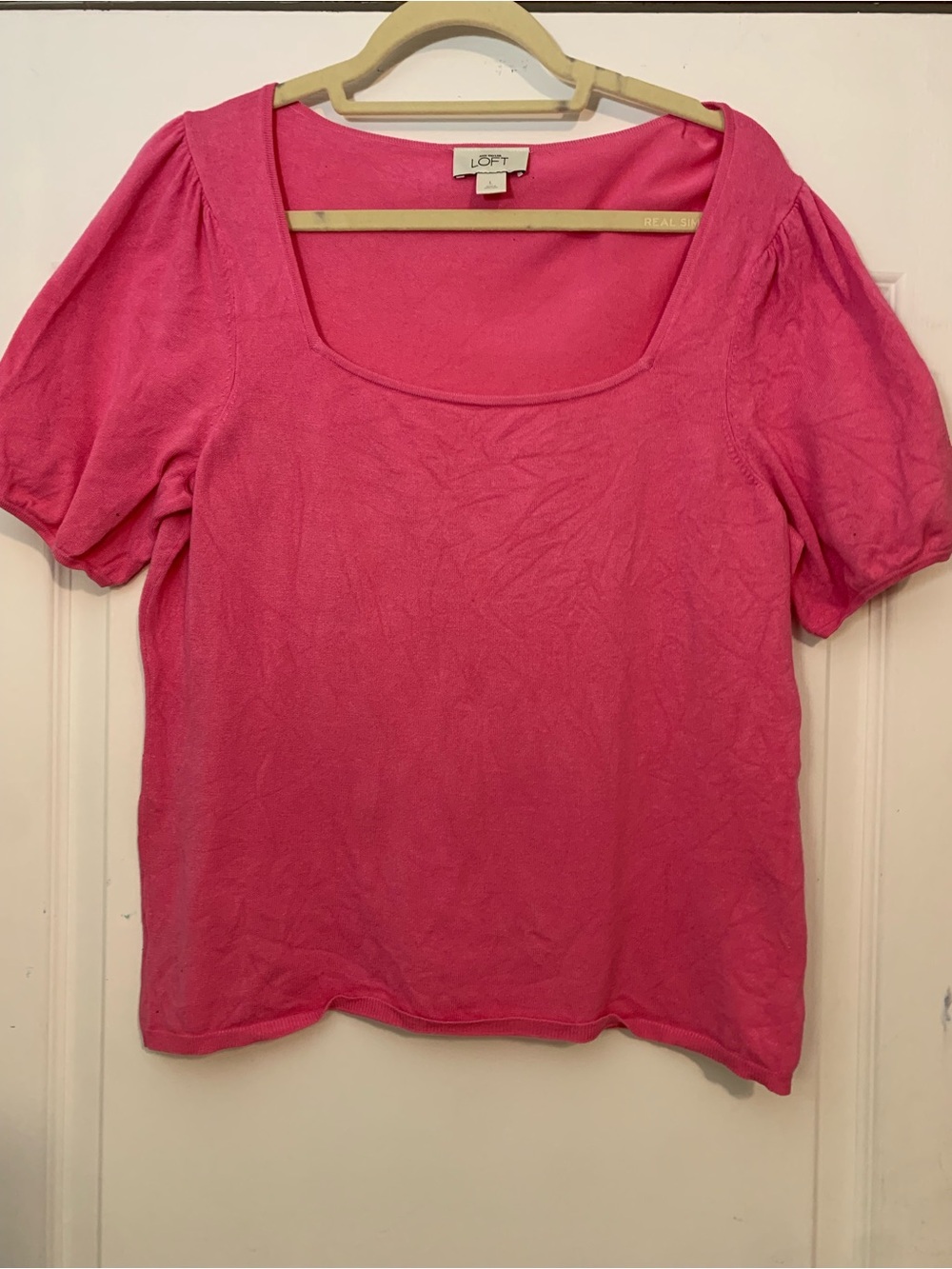 LOFT Women's Large Pink Square Neck Knit Top Short Sleeve T-Shirt